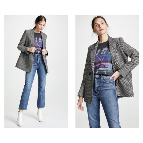 💕ANINE BING💕 Fishbone Blazer ~ Wool Blend Black & Off-White Print XS - Picture 6 of 16